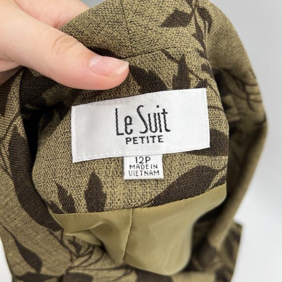 Le Suit Women Blazer Skirt Set Sz 12 Petite Olive Green Brown Work Outfit - Picture 9 of 10